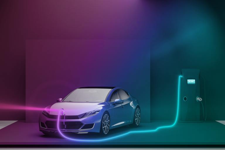 An electric vehicle (EV) at an electric vehicle charging station